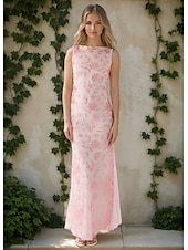 cheap PINK-Pink Floral Beaded Mermaid / Trumpet Evening Gown Celebrity Style Dress Formal Wedding Floor Length Sleeveless Boat Neck Lace Up With Hollow Out Back