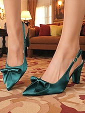 olcso 1950-es évek-női, 1950-es évekbeli, zöld színű, szatén, slingback magassarkú, masnival – elegáns, hegyes orrú, középmagas sarkú cipők esküvőkre, partikra és hivatalos alkalmakra
