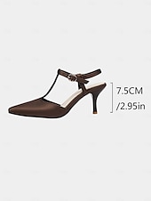cheap Kitten Heels-Women&#039;s Brown T-Strap Pointed Toe Heels - Elegant Slingback Dress Shoes with Buckle for Office Wear and Daytime Dates