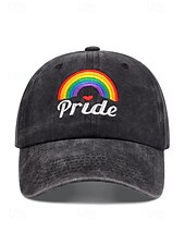 abordables Chapeaux pour femmes-Casquette de baseball LGBTQ en denim vieilli pour femme avec arc-en-ciel et cœurs brodés - Casquette de baseball ajustable pour les défilés de la fierté, les festivals et les tenues décontractées