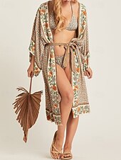 preiswerte Kaftane-Damen Badeanzug Überwurf Bademode Vorderknoten Strandbekleidung Boho Blume V Ausschnitt Langarm Badeanzüge