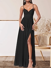 abordables Robes de demoiselle d&#039;honneur-Robe de demoiselle d&#039;honneur trapèze, col en V, sans manches, élégante, longueur au sol, en mousseline extensible avec plis / devant fendu / froncé 2025