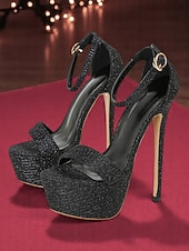 halpa Platta Sandalet-naisten mustat glitter-korkokengät - peep-toe-nilkkaremmillä varustetut juhlakengät yöelämään ja klubitapahtumiin