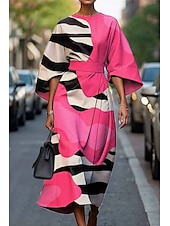 ieftine Tipăriți rochii florale-Pentru femei Rochie Lunga Rochie Maxi Rochie casual Rochie de vară Modă Modern Zilnic Dată Sfârșit de săptămână Fit regulat Geometric Lungime Manșon 3/4 Stil Nautic Plin de Culoare Negru Alb Galben