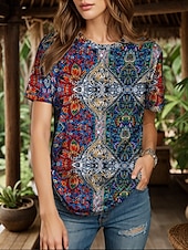 billige Boho t-skjorte-Dame T skjorte Blomstret Grafisk Planter Bohem Årgang Etnisk Kortermet Crew-hals Rund hals Vanlige topper Daglig Ut på byen Helg Trykt mønster Gul Rød Blå Grønn Sommer Vår