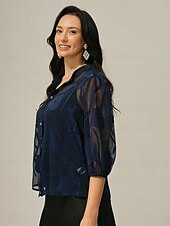 economico Top eleganti-camicetta da donna con bottoni e canotta floreale elegante vintage alla moda mezza manica scollo a V top normali lavoro vacanza per uscire bottoni occhiello blu navy estate primavera autunno