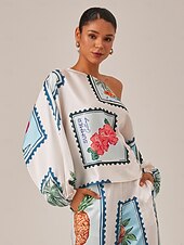 お買い得  ブラウス＆シャツ-女性用 女性 ブラウス フラワー 幾何学模様 果物 カジュアル 祝日 デイリーウェア パフスリーブ ホワイト ワンショルダー 長袖 エレガント 旅行度假风 カジュアル 普段着 ワンショルダー 夏 春 秋