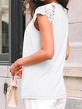 billiga Enkel t-shirt-Damernas T-shirt Enfärgad Plain Mode Stilig Klassisk Korta Ärmar Rund Halsringning Regelbundna Toppar Daglig Helg Spets Lappar Svart Blå Grön Khaki Sommar