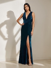 economico BLU-Abito in Velluto Sirena  Tromba Abito da Sera Galà Abito Formale Semi Formale Scollo Profondo Matrimonio Lunghezza Completa Senza Maniche Senza Spalline con Pieghe