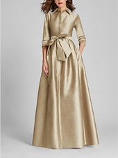 preiswerte GELB-A-Linien-Abendkleid Champagner Gold Minimalistisches Kleid Formal Hochzeitsgast Bodenlang Halber Ärmel Hemdkragen Satin mit Schleife(n) Falten
