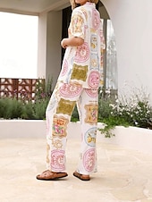 preiswerte Sets-Damen Mode Streetwear Baumwoll-Leinen-Sets Hosen-Sets Kurzarm Hemdkragen Pflanze Druck Alltagskleidung Date Weiß Sommer Normale Passform