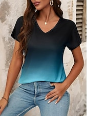 ieftine tricou Art &amp; Design-Pentru femei Tricou Grafic Gradiant Epocă Stilat Clasic Manșon scurt În V Topuri obișnuite Zilnic Imprimeu Negru Roșu-aprins Albastru piscină Vară Primăvară
