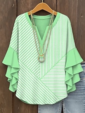 tanie Damskie topy w paski i geometryczne-Damskie Bluzka Graficzny Geometryczny Prążki Zabytkowe Codzienny Elegancki Rękaw 3/4 W serek Zwykłe topy Codzienny Święto Ubrania wakacyjne Falbana Nadruk Czarny Żółty Rumiany róż Niebieski Fioletowy