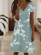 abordables Robes fleuries-Femmes Mini Robe Robe T-Shirt Robe d&#039;Été Robe trapèze Robe d&#039;été Vacances Occasionnel Chaussures de plage Quotidien Sports Fête Coupe régulière Fleuri Graphique Manche Courte Col en V Bleu Ciel Vert
