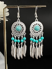 cheap Women&#039;s Earring-Women&#039;s Bohemian Turquoise Drop Earrings – Vintage Western Style Statement Jewelry with Feather and Bead Details for Parties, Festivals and Casual Wear