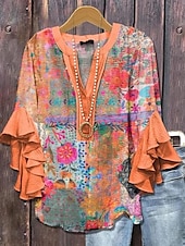 economico Top a Righe e Geometrici per Donne-Blusa da Donna con Maniche a Ruffle a Strati Grafica Floreale A Righe Giornaliera Stile Elegante Casual Maniche a 3/4 Collo a V Maglietta Regolare Abbigliamento Estivo Primaverile per Vacanze Stampa