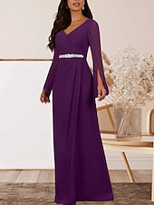 preiswerte Bodenlänge-A-Linie Brautmutterkleid Hochzeitsgast Elegant V Ausschnitt Bodenlang Chiffon Langarm mit Kristalle Raffung 2025