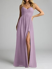 baratos Vestidos para Madrinhas-Vestido de dama de honra em corte A, decote em V / alças finas, sem mangas, elegante, longo, chiffon com pregas / frente aberta / franzido 2025