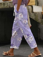 cheap Graphic Cotton Linen Pant-Women&#039;s Linen-Inspired Pants Cropped Pants Harem Pants Streetwear Boho Ankle-Length Mid Waist Flower Elastic Waist Breathable Comfortable Micro-elastic Outdoor Daily Wear Purple Summer Regular Fit