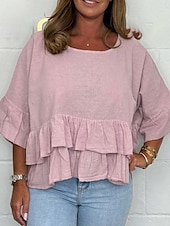 billige Kvinne Enkle Topper-Dame Bluse Helfarge Stilfull Fritid 3/4 ermer Crew-hals Vanlige topper Daglig Drapering Svart Hvit Rosa Grønn Sommer Vår