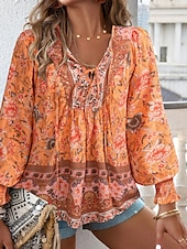 cheap Boho Tops-Women&#039;s Boho Shirt Blouse Flower Modern Boho Long Sleeve V Neck Regular Tops Daily Going out Print Yellow Pink Navy Blue Blue Orange Summer
