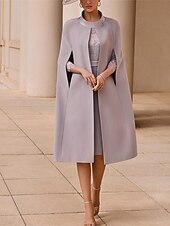 economico Con giacca-Abito due pezzi Sheath  Column Madre della Sposa Abito Elegante Kentucky Abito da Sposa Scollo Gioiello Lunghezza Té Tessuto Stretch Maniche 3/4 con Pizzo Applicazioni Abito da Gara