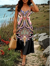 billiga Boho klänningar-Dam Maxiklänning A linjeklänning Sommarklänning Off Shoulder Klänning Semester Ledigt Fest Datum Normal Blommig Grafisk Stam Ärmlös Fyrkantig hals Rodnande Rosa Purpur Grön Sommar Vår