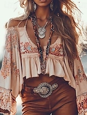billige Boho topper-Dame Vestlig bluse Boho skjorte Bluse Blomsternål i krystall Fritid Bohem Langermet V-hals Vanlige topper Daglig Ferie Ut på byen Trykt mønster Rosa Sommer
