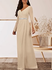 preiswerte Bodenlänge-A-Linie Brautmutterkleid Hochzeitsgast Elegant V Ausschnitt Bodenlang Chiffon Langarm mit Kristalle Raffung 2025