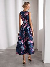 baratos Vestidos de Cocktail-Vestidos de Coquetel A-Line Elegante Vestido Formal Casamento Comprimento até o Tornozelo Sem Mangas Gola Redonda Com Bolso Cetim com Estampa Floral Vestido Convidada de Casamento 2025