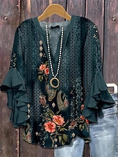 economico Top Boho da Donna-Blusa retro da donna con maniche a strati e arricciate top floreale grafico vintage Bohemia quotidiano maniche a 3/4 scollatura a V top regolari abbigliamento quotidiano per le vacanze stampa bianca