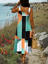 preiswerte Streifen- und geometrische Kleider-Damen Maxikleid A Linie Kleid Sommerkleid Schulterfreies Kleid Urlaub Lässig Party Date Normale Passform Grafik Geometrie Ärmellos Quadrathals Rosa Orange Grau Sommer Frühling