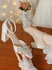 cheap Bride-Women's Pearl and Rhinestone Block Heels – Pointed-Toe Satin Bridal Wedding Pumps – Elegant Ivory High Heels