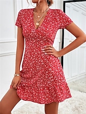 abordables Robes fleuries-Femmes Mini Robe Robe trapèze Occasionnel Extérieur Sortir Coupe Standard Fleuri Manche Courte Col en V Noir Rouge Bleu Abricot Été
