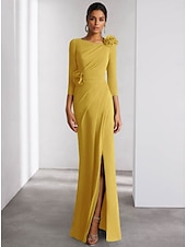 cheap GREEN-A-Line Evening Gown Elegant Dress Formal Wedding Floor Length Long Sleeve Crew Neck Detachable Stretch Crepe with Shouder Flower
