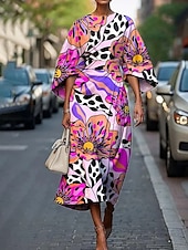 abordables Robes fleuries élégantes-Femmes Robe Midi Robe Fleurie Robe Imprimée Élégant Mode Extérieur Vacances Sortir Coupe régulière Fleur Demi Manches Col ras du cou Violet Claire Violet Fuchsia Été