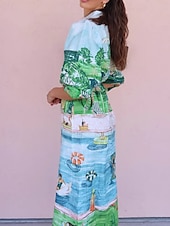 abordables concevoir des robes en coton et lin-Femmes Robe Longue Maxi Robe Robes en coton et lin Robe Décontractée Mode Extérieur Soirée Fête Coupe régulière Paysage Manche 3/4 Col de chemise Vert Été