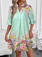 economico Abiti floreali-Per donna Mini Abito Abito a trapezio Vacanza Casual Boho All&#039;aperto Uscire Spiaggia Vestibilità standard Floreale Grafico Manica Corta Scollo a V Bianco Rosa Blu Verde Estate Primavera
