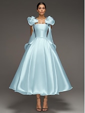 preiswerte Lange Kleider / Abendkleider-A-Linie Cocktailkleider Elegant Formale Hochzeit knöchellang ärmellos Spaghettiträger Kleid Satin mit Schleife(n)