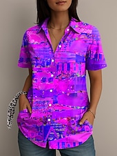 abordables Hauts d&#039;Art et de Design pour Femmes-Femmes Chemise Graphique Abstrait ancien Élégant Occasionnel Manche Courte Col de chemise Hauts Réguliers Quotidien Jaune Bleu Violet Orange Été Printemps