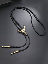 abordables Corbatas y pajaritas para hombres-Collar de bolo con cabeza de toro para hombre: colgante de calavera de vaca occidental con cordón de cuero trenzado, accesorio vintage de estilo vaquero para conciertos de música country, rodeos y uso diario.