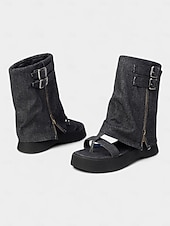 Χαμηλού Κόστους Μπότες αστραγάλου-Γυναικεία τζιν σανδάλια με πλατφόρμα Gladiator – ρετρό λεπτομέρεια με αγκράφα, ανοιχτά δάχτυλα, casual στυλ φεστιβάλ για καλοκαιρινό streetwear