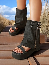Χαμηλού Κόστους Μπότες αστραγάλου-Γυναικεία τζιν σανδάλια με πλατφόρμα Gladiator – ρετρό λεπτομέρεια με αγκράφα, ανοιχτά δάχτυλα, casual στυλ φεστιβάλ για καλοκαιρινό streetwear