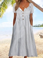 abordables Robe Rayée et Géométrique-Femmes Robe Midi Robe Décontractée Robe d&#039;Été Robe trapèze Robe d&#039;été Vacances Occasionnel Chaussures de plage Fête Coupe Ample Graphique Rayure Manche Courte Col ras du cou Bleu Gris Été