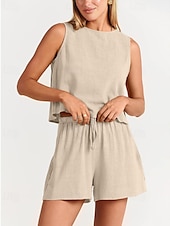 cheap Sets-Women&#039;s Active Basic Cotton Linen Sets Blouse Shorts Sets Sleeveless Crew Neck Solid Color Drawstring Going out Weekend Black Blue Orange Summer Regular Fit