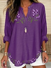 cheap Floral Tops-Women&#039;s Blouse Floral Graphic Elegant Stylish Romantic Long Sleeve V Neck Regular Tops Daily Holiday Print White Purple Violet Summer Spring