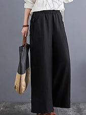 abordables Pantalón liso de lino y algodón-Mujer Pantalones de lino y algodón pantalones Ropa de calle Casual Longitud total Cintura Media Plano Bolsillo Cintura elástica Al Aire Libre Cómodo Ropa Cotidiana Noche Albaricoque Negro Azul Morado
