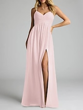baratos Vestidos para Madrinhas-Vestido de dama de honra em corte A, decote em V / alças finas, sem mangas, elegante, longo, chiffon com pregas / frente aberta / franzido 2025