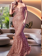preiswerte Abendkleider-Meerjungfrau  Trompete Quinceanera Kleider Elegantes Kleid Formelle Hochzeit Sweep  Brush Zug Ärmellos Schulterfrei Pailletten Rückenfrei mit Pailletten