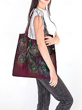 abordables Cabas et fourre-tout-Sac fourre-tout pliable à imprimé paon pour femme - Sac de courses réutilisable de grande capacité avec un design aquarelle élégant, léger et élégant, idéal pour un usage quotidien, les voyages et les achats écologiques
